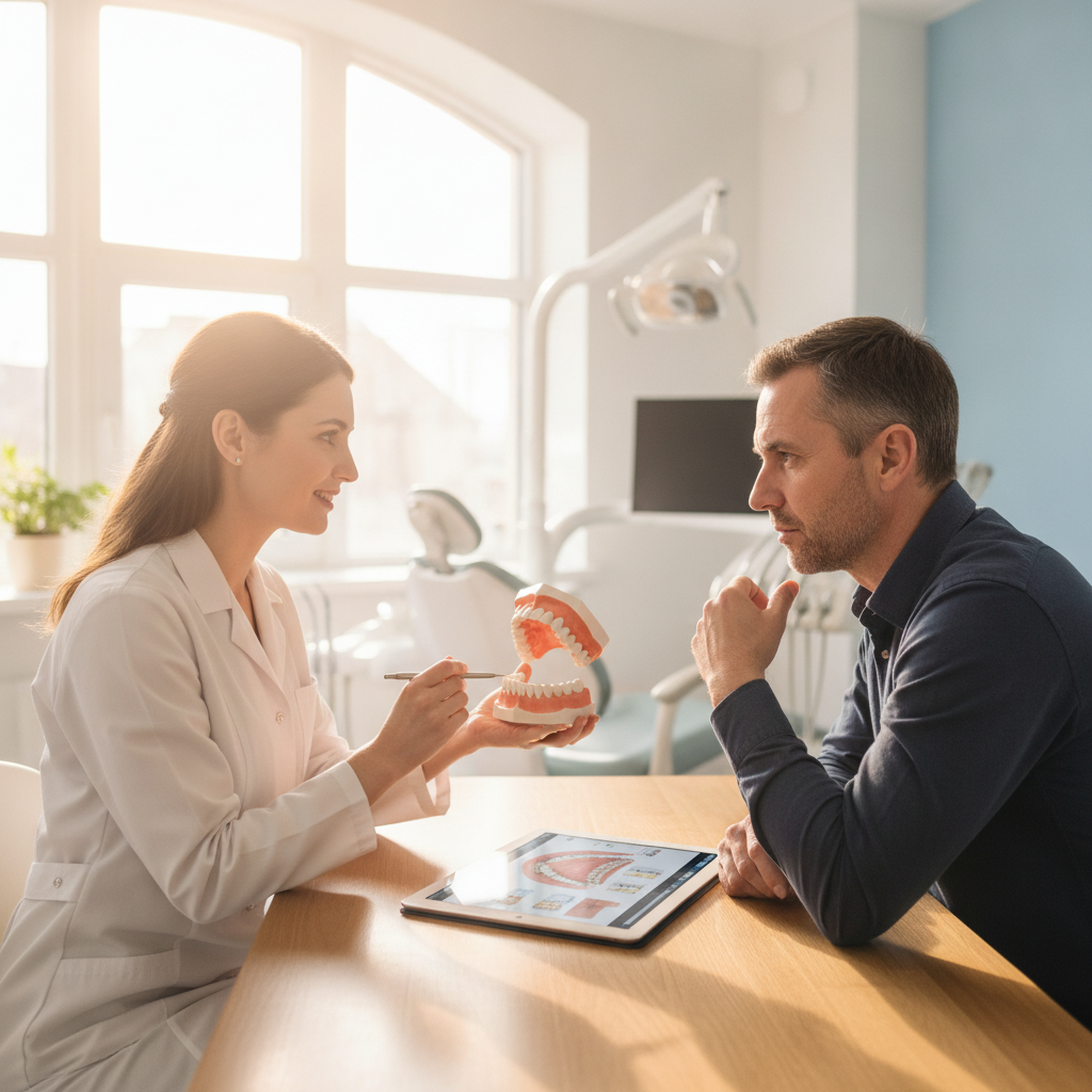 Dentist consulting with a patient about fake teeth options in a modern dental office