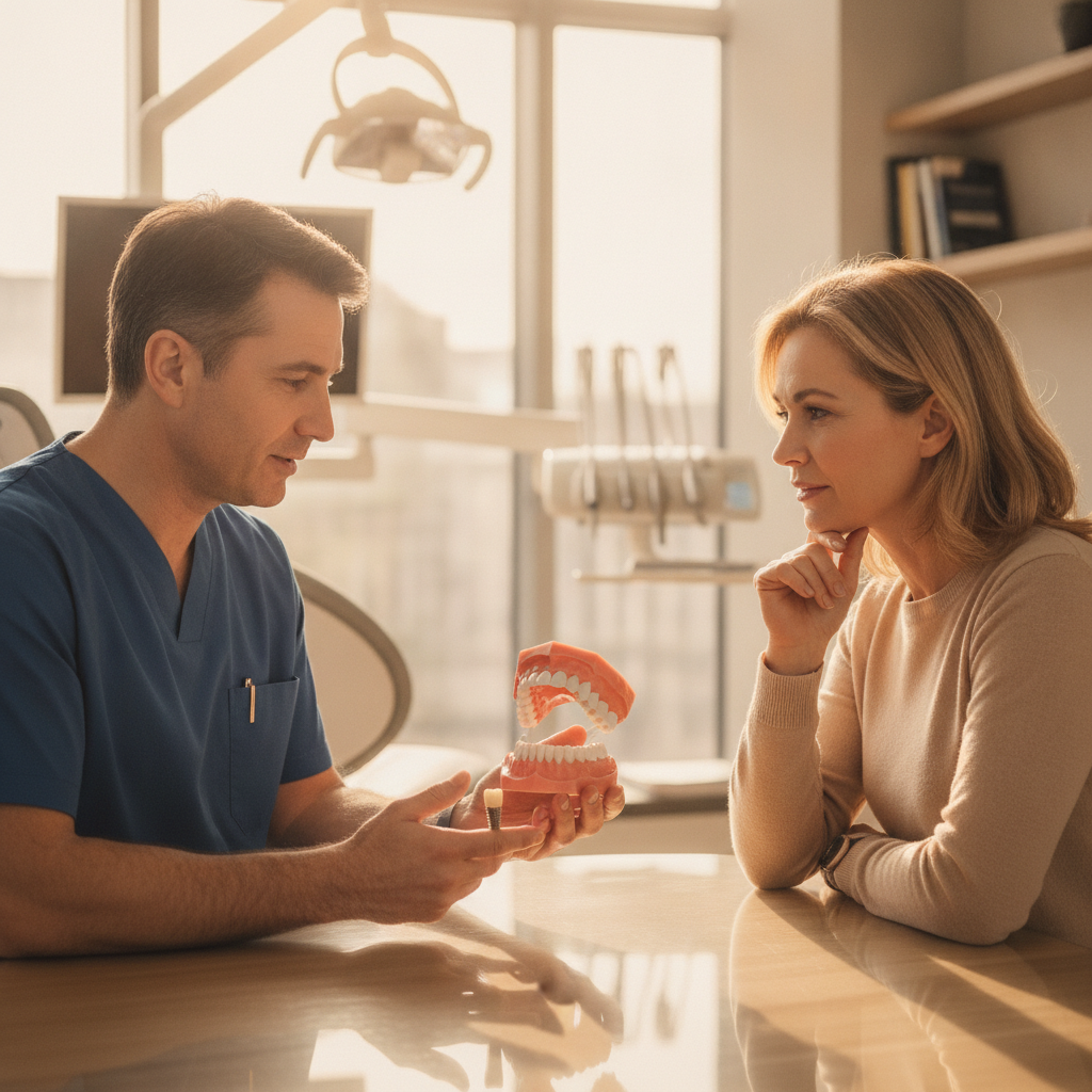 Dentist consulting with a patient about dental prosthetics in a modern office