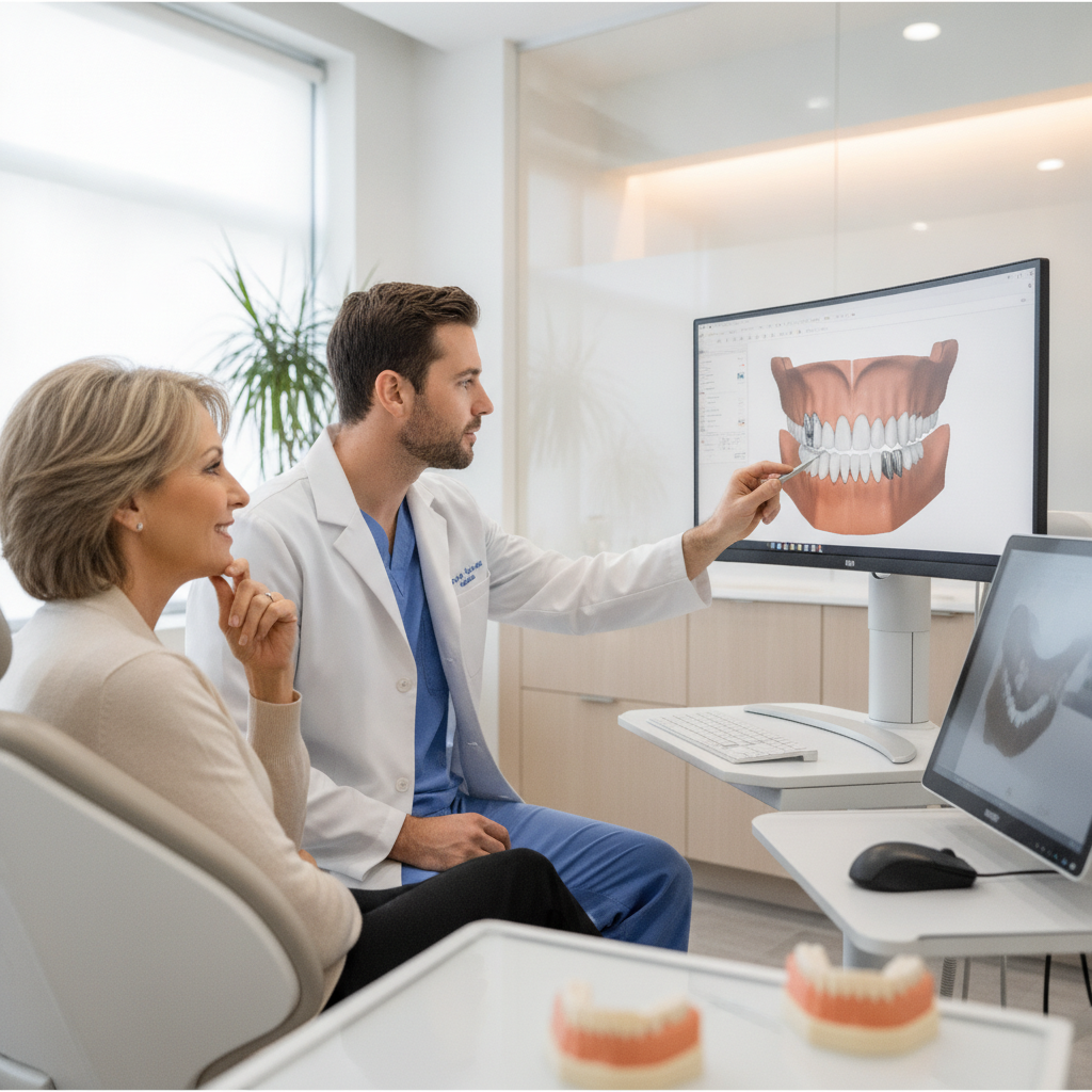 Dentist consulting with a patient about full mouth dental implants using advanced technology