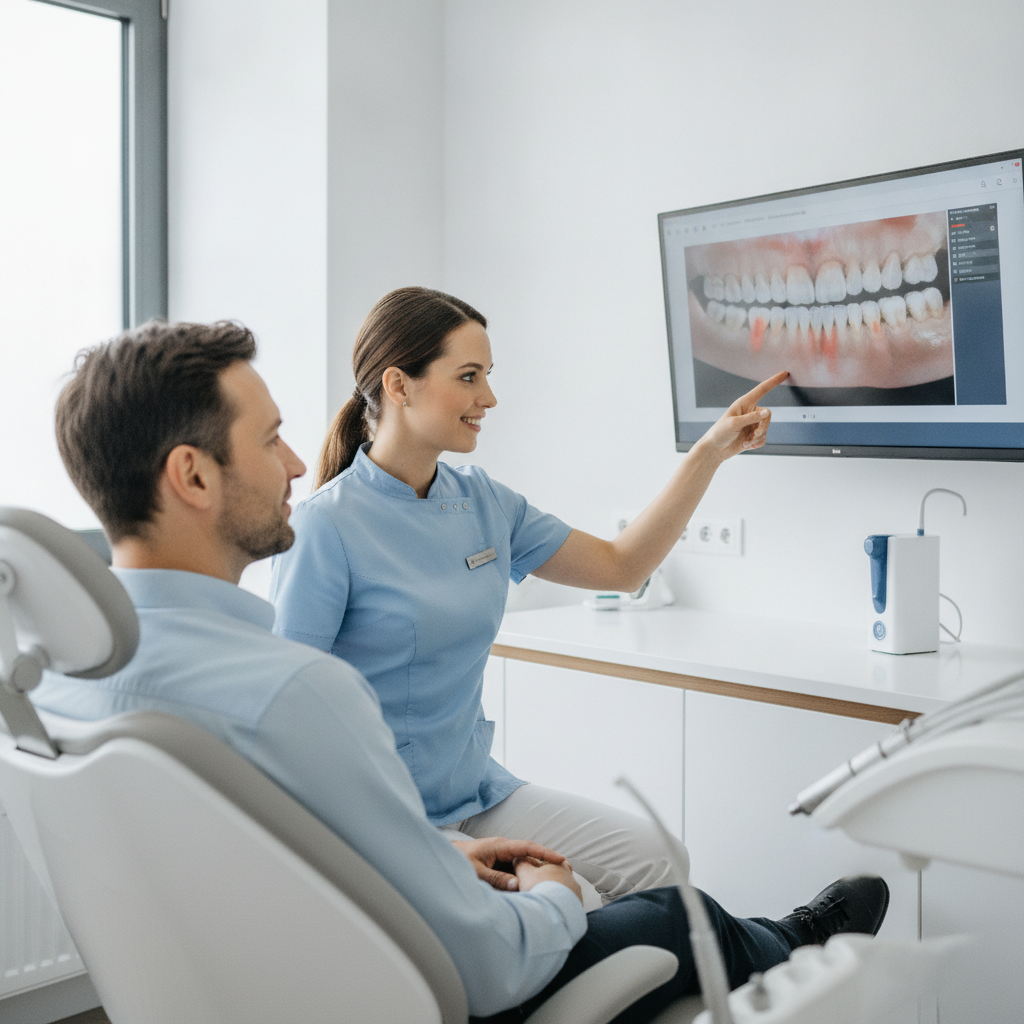 Dentist consulting with a patient about sore gums in a modern dental office.