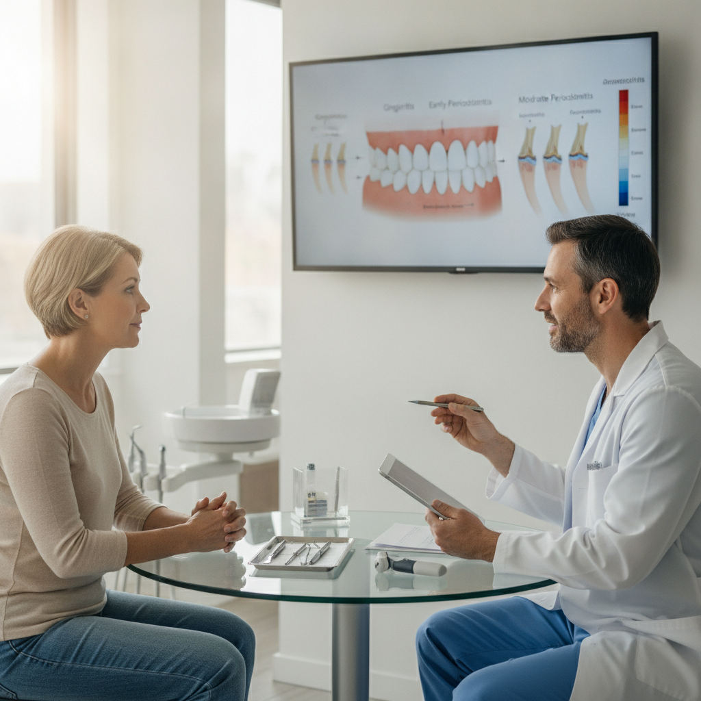 Patient and dentist discussing periodontal disease treatment.