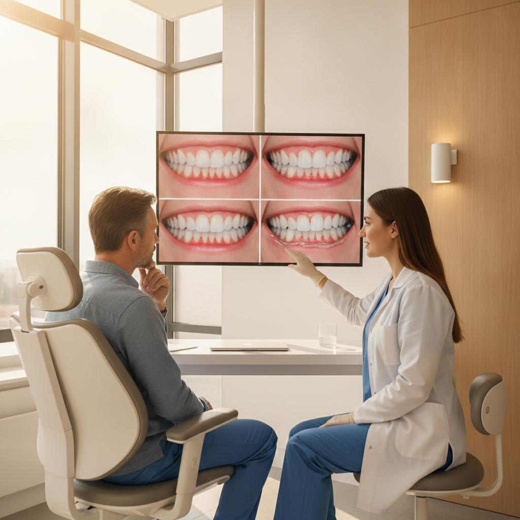 Dentist explaining periodontitis stages to a patient in a modern dental clinic.