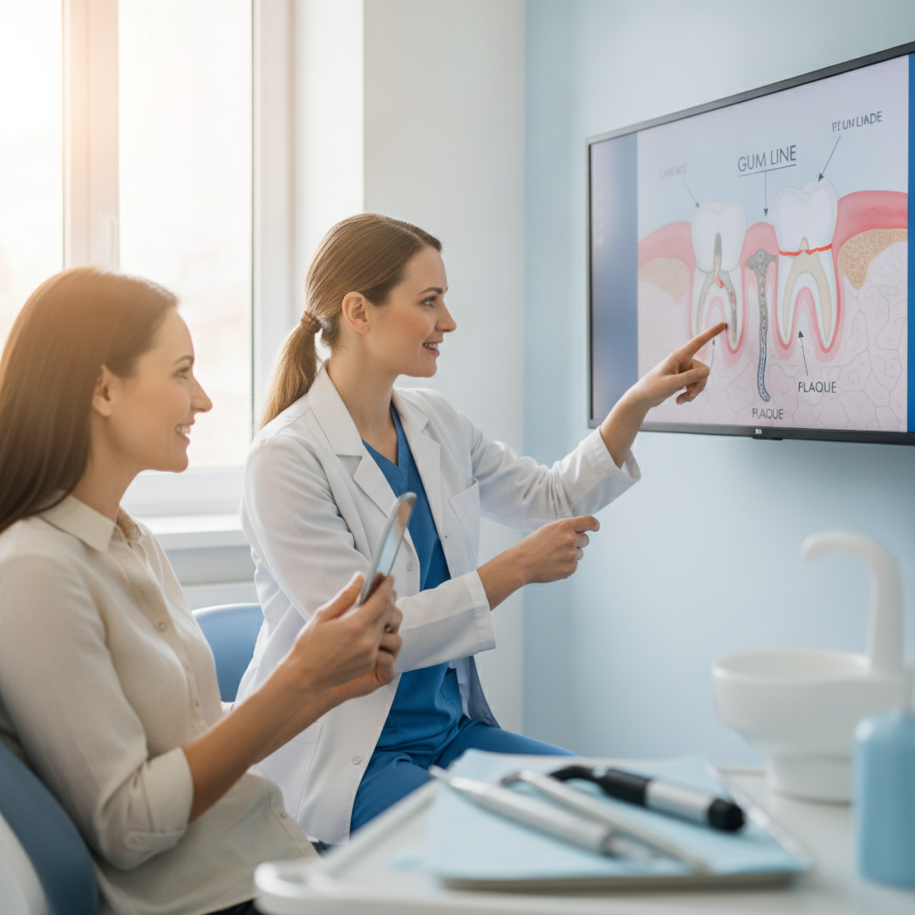 Dentist explaining gum line care to patient in a modern dental office