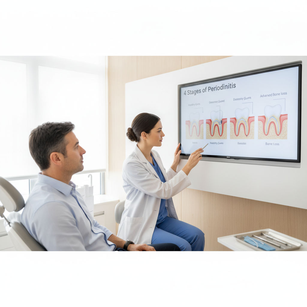 Dentist explaining stages of periodontitis to patient with digital display